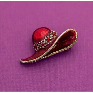 Vintage Mid Century Floral Hat Rhinestone Gold Tone Brooch - Q4